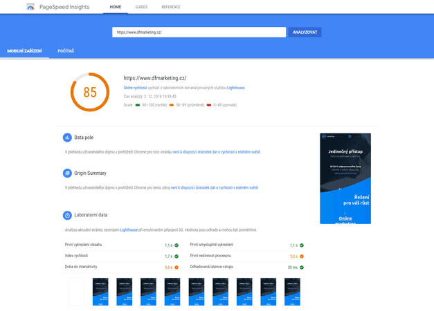 Výsledek mobile testu - 85 %